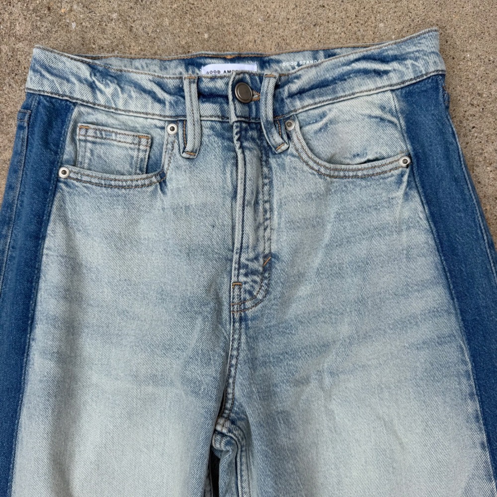 Good American Good Standard Barrel Women 00 Blue Two Tone High Rise Wide Tapered - Picture 8 of 13